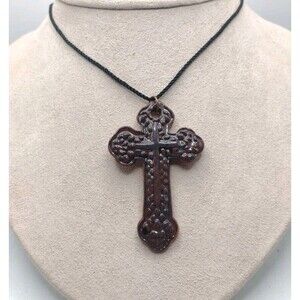 Vintage Ceramic Glazed Pottery Cross Pendant Necklace 2.75" Christian Signed